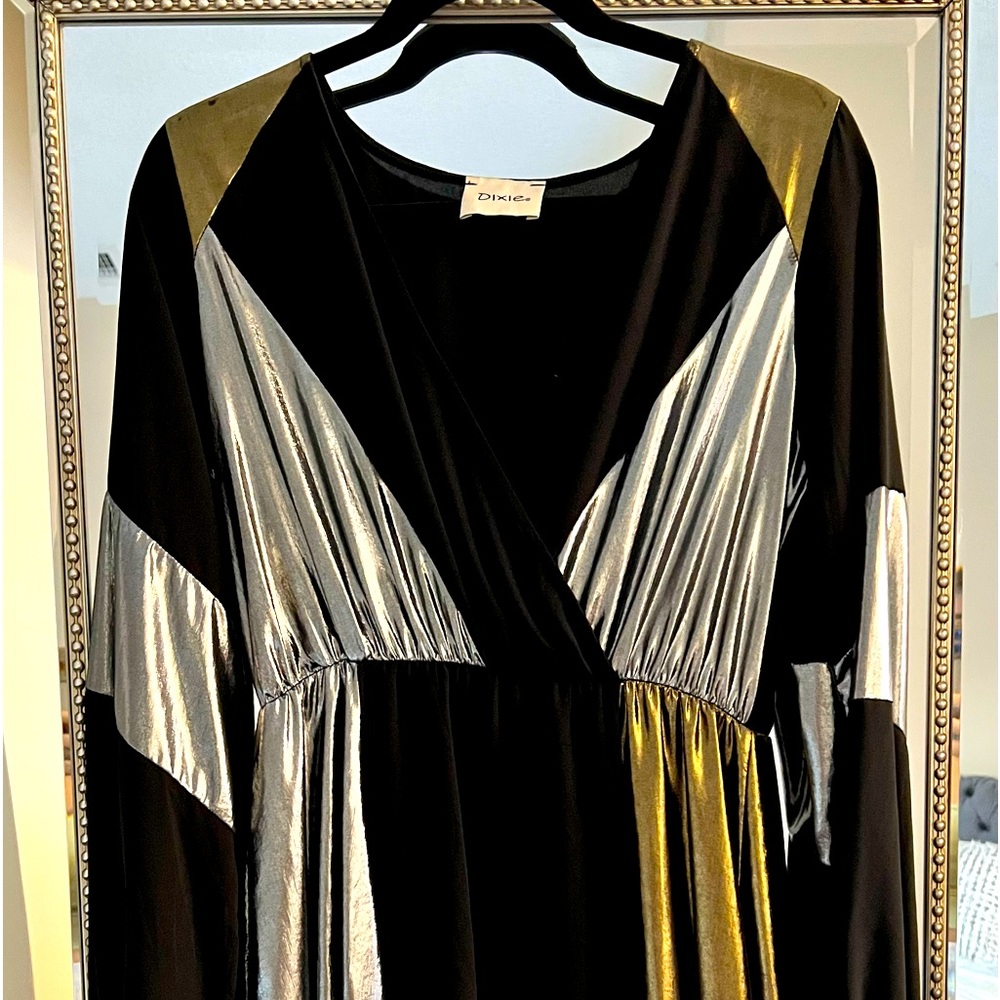 Short Black Dress with metalic gold and silver pattern